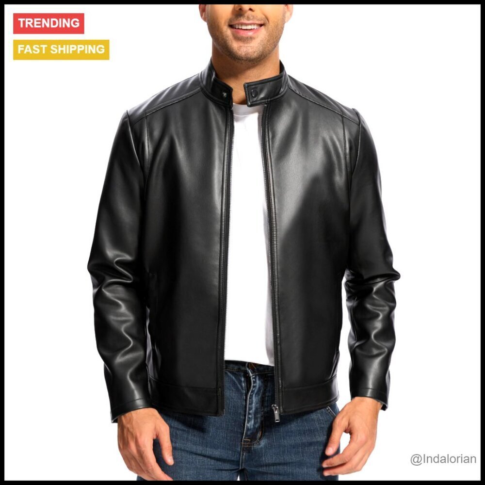 Men's Slim Fit Faux Leather Bomber Jacket with Stand Collar and Pockets